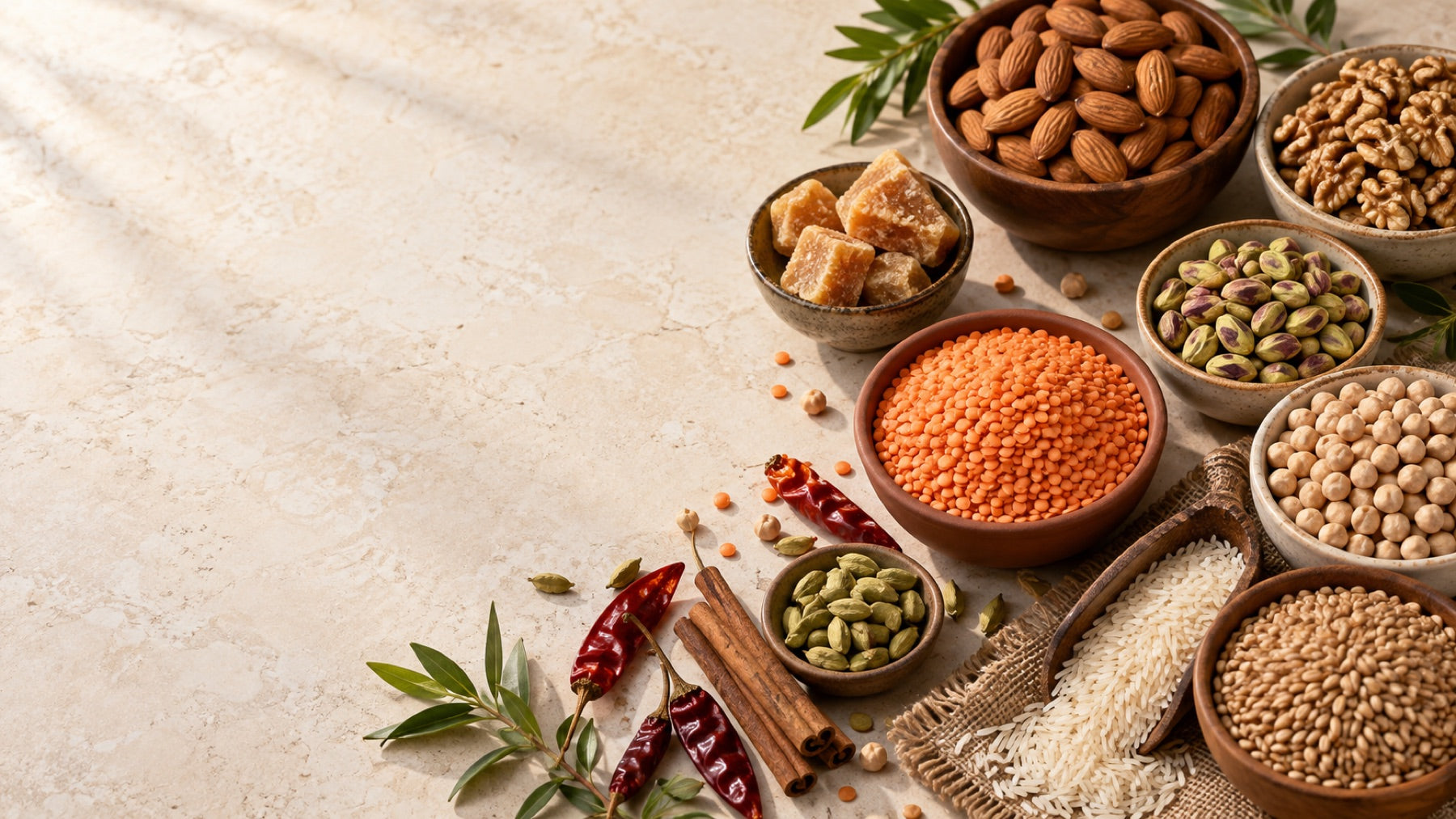 An assortment of dry fruits, grains, pulses, and spices